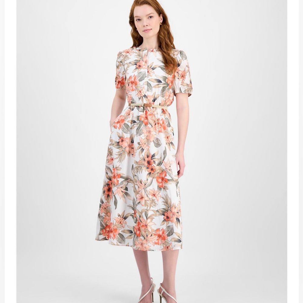 Kasper Tropical Floral Cotton Short-Sleeve Dress, Regular & Petite Sizes